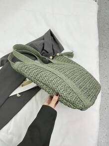 New Arrival torba plażowa o dużej pojemności z tkanej słomy, prosta i swobodna torba na ramię w stylu francuskim do codziennego użytku - Zielony - Zobacz 4