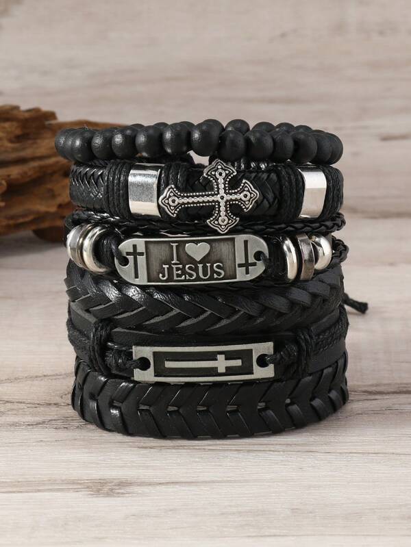 1set Black New Cross & Letter Easter Leather Bracelet, 6pcs Retro Punk Style Handmade Braided Woven Leather Bracelets