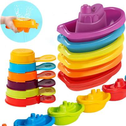 1 Bathtime Fun Pack Baby Rainbow Floating Boats/Bathing Spoons Stacking Bath Toys For Splish Splash Learning & Play Outdoor Swimming Pool Beach Toy Gifts