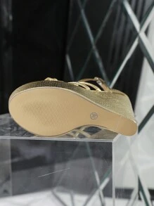 2024 Classic Roman Style Open Toe Wedge Heel Metallic Snakeskin Comfortable 14cm High Heel Sandals In Gold - Gold - View 7