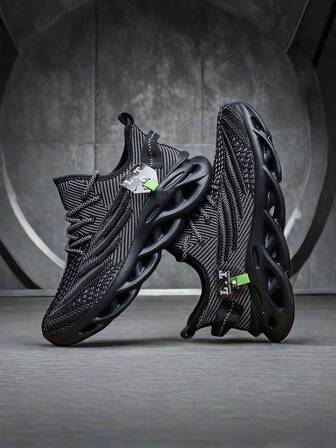 新款男士黑色镂空针织透气系带跑步鞋，MD 外底，轻便舒适减震运动鞋，适合休闲校园、四季