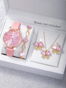 SOKI SOKI 5Pcs Ladies Watch Fashion Classic Casual Quartz Watch Clock Starry Sky Pink Women's Watch And Elegant And Luxurious Pink Cubic Zirconia Inlaid Butterfly Heart Design Jewelry Set Suitable For Daily Wear, Back-To-School Season, Graduation Season, Thanksgiving, Couples, The Best Gifts Watch Box Not Included