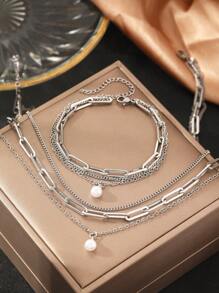 Aomogo 2件套时尚优雅百搭不锈钢多层珍珠心形手链+项链，适合女性随时佩戴 - 項鍊+手鍊 - 查看 3