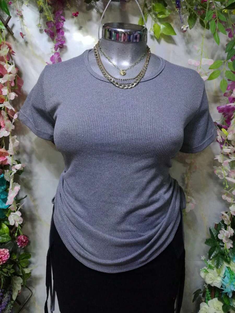 Blusa Doble Jareta Cuello Redondo TELA RIF,TELA ACANALADA TEXTURA FRESCA - Gris - Ver 1