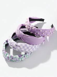 4pcs Fabric Faux Pearls Checkerboard Floral Wide Knotted Elegant Y2K Headbands In Solid Pink, Rose Red, Black, Yellow, Beauty, Home, Hair Accessories - Multicolor - View 8