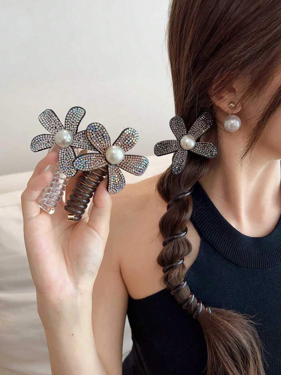 Bộ 3 dây buộc tóc xoắn ốc đính hoa pha lê thanh lịch dành cho nữ, thích hợp để buộc tóc đuôi ngựa cao, phù hợp cho sử dụng hàng ngày, hẹn hò, tụ họp, kỳ nghỉ, lễ hội, tiệc tùng. Dây buộc tóc, dây chun buộc tóc, phụ kiện tóc, phụ kiện đội đầu, dây chun co giãn. - nhiều màu - Xem 1