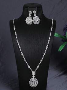1 Set Cubic Zirconia Geometric Flower & Leaf Cube Necklace & Earrings Jewelry Set, Fashionable Valentine's Day Gift For Women, Suitable For Daily Wear - Flower Type - View 3
