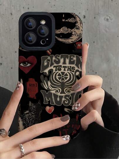 1pc Aesthetic Cool Dark-Style Heart & Eye Pattern Vertical Stripe Faux Leather Pattern Anti-Shock & Anti-Fingerprint & Anti-Drop Phone Case, Compatible With IPhone And Compatible With Samsung Models Waterproof Scratch Resistant