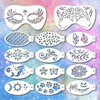 14pcs Face Paint Stencils Kits, Reusable Facial Painting Stencil With Two Shapes, Washable DIY Makeup Plastic Template For Face Body Painting Holiday Halloween, Tattoo Stencil Set, DIY Art Crafts Back To School,Back To School,School Supplies