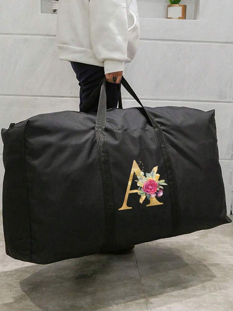 Large Capacity Foldable Zipper Dust Proof Black Luggage Storage Bag With Letter Print Sturdy Oversized Storage Bag Travel Bag Luggage Bag Carry On Bag Handbag Gym Bag Work And Study Supplies School Su...