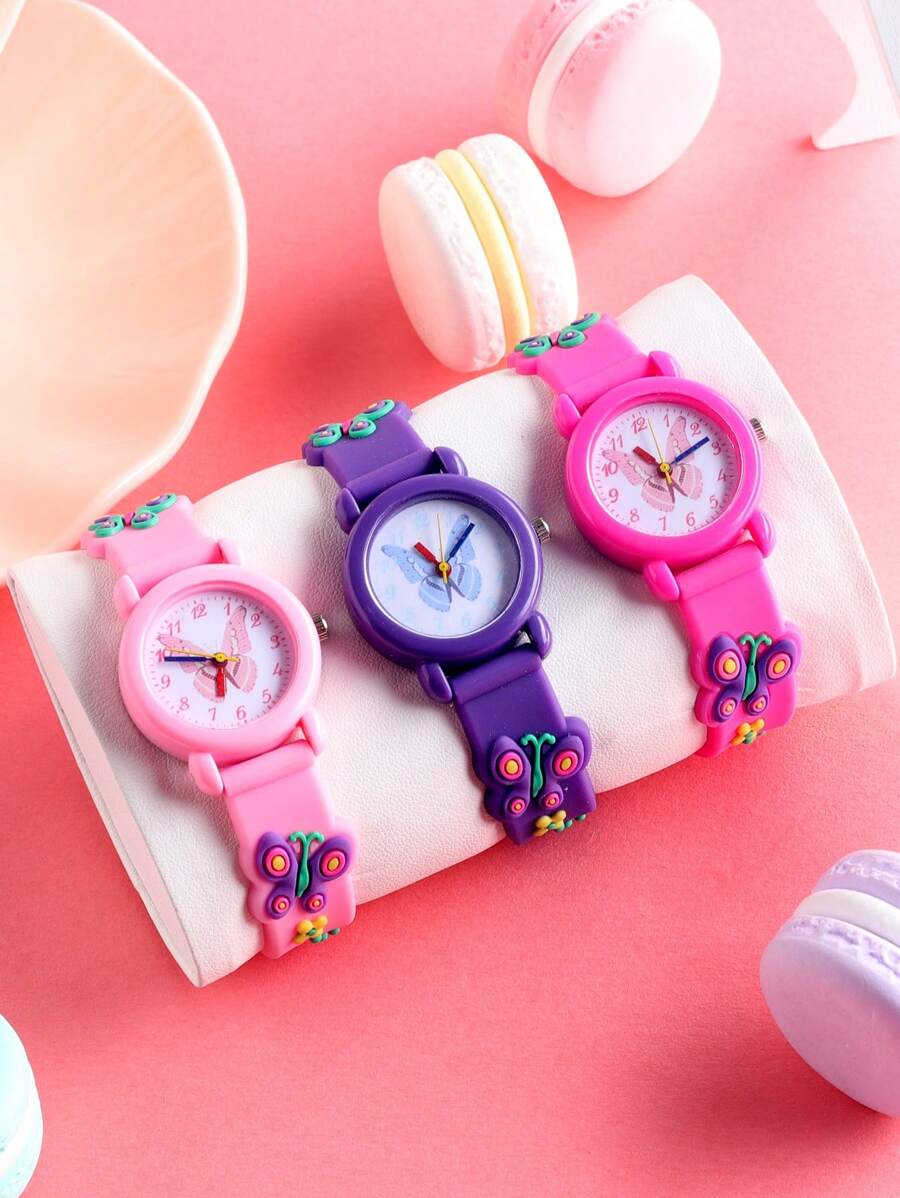 Dry Battery 3 Pieces, Boys And Girls 3D Three-Dimensional Football With Butterfly And Strawberry Decorative Patterns, Round And Cute Children's Watch, Versatile Quartz Watch, Suitable For Daily Wear And As A Gift. - Multicolor - View 1