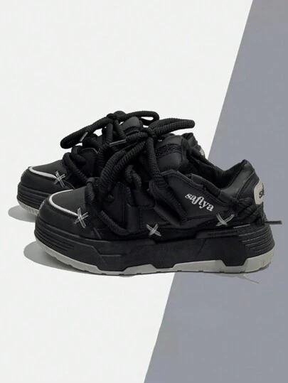 新款時尚輕便戶外舒適潮流休閒運動鞋，女式帶鞋帶厚底運動鞋