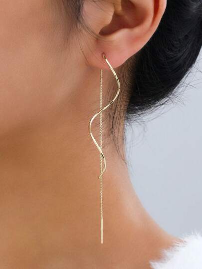 1pair Fashionable Long Wavy Chain Threader Earrings For Women