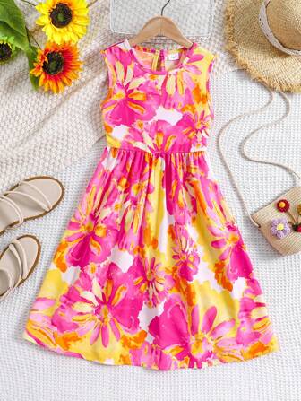 Summer Tween Girl Soft Comfortable Printed Tank Dress, Fashionable And Simple