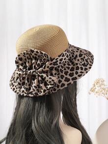 1 件女士夏季韩版豹纹蝴蝶结草帽，可折叠沙滩太阳帽 - A - 查看 3