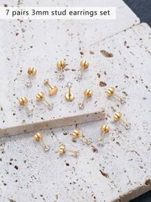 女士7雙扁平背部耳釘,14k電鍍微型耳釘,立體氧化鋯蒼石軟骨耳環(2/3/4/5/6/7/8mm) - 金色 - 查看 11