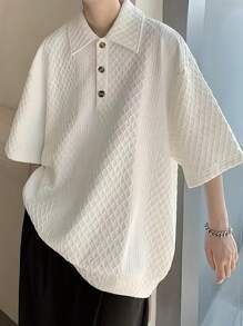 男士宽松几何印花高尔夫衬衫，翻领半扣短袖衬衫，适合上学 - 白色 - 查看 2