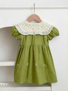 少女新款夏季刺繡蝴蝶結甜美蕾絲連衣裙 - 綠色 - 查看 2