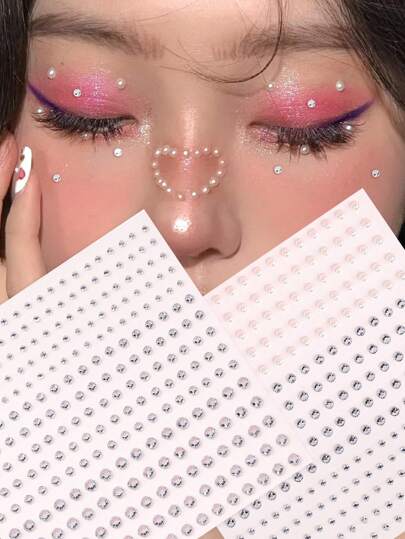 STARTTOOS 2pcs/Pack Multi-Rhinestone 3D Silver-White Shiny Transparent Crystal Pearl Decorative Stickers, Suitable For Eyes, Nails, Face Decor, Applicable For Music Festivals, Carnivals, Valentine's Day, Y2K Style Parties, Daily Decoration, Makeup Parties, Balls, Can Be Used For Hair, Eyes, Face, Body Decoration