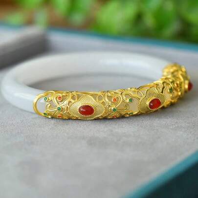 1 pieza de Brazalete de Jade Blanco Natural, Conjunto de piedras preciosas doradas con brazalete de moda de jade suave, Pulido hecho a mano, Joyería para mujer, Regalos de joyería, Regalos para la familia, Regalos conmemorativos para las vacaciones.