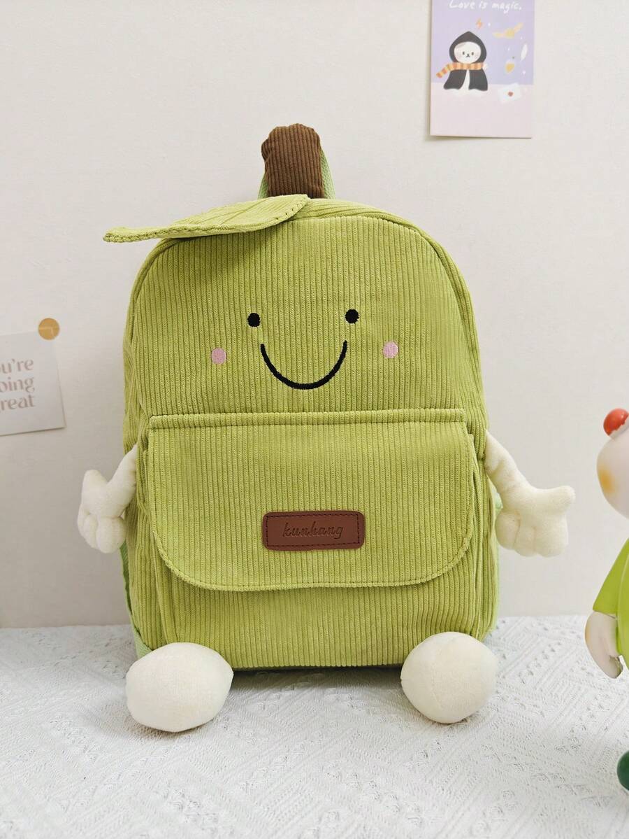 1pc Girls' Solid Color Flannel Cartoon Smile Face Pear Shaped Backpack, High Capacity With Zipper Closure, Perfect For Daily Outings - Green - View 1