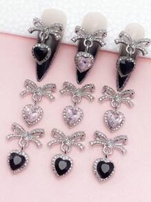 10pcs/Pack Super Sparkly Bowknot Crystal Heart Nail Art Decoration With Metal Hollow Out Heart Pendant DIY Nail Charms Nail Gems Nail Supplies