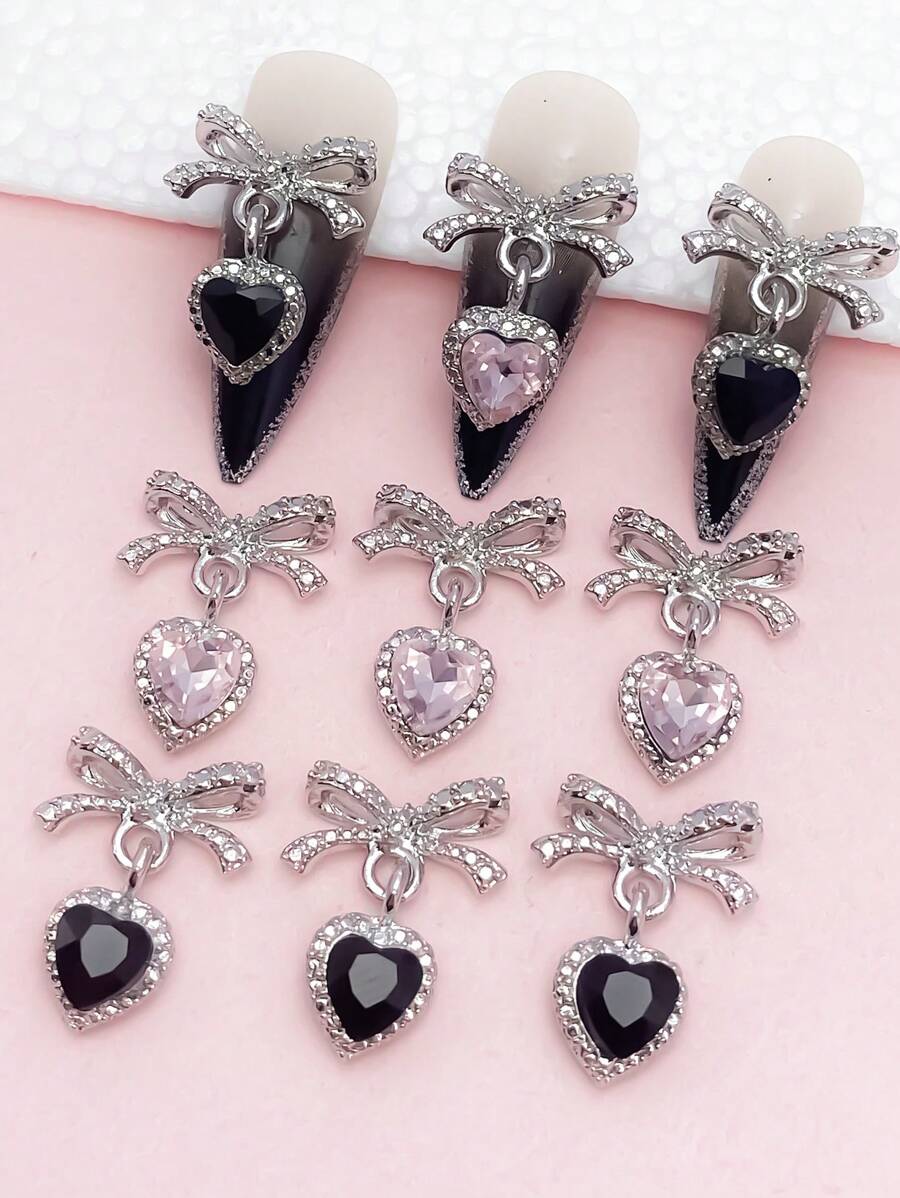 10pcs/Pack Super Sparkly Bowknot Crystal Heart Nail Art Decoration With Metal Hollow Out Heart Pendant DIY Nail Charms Nail Gems Nail Supplies