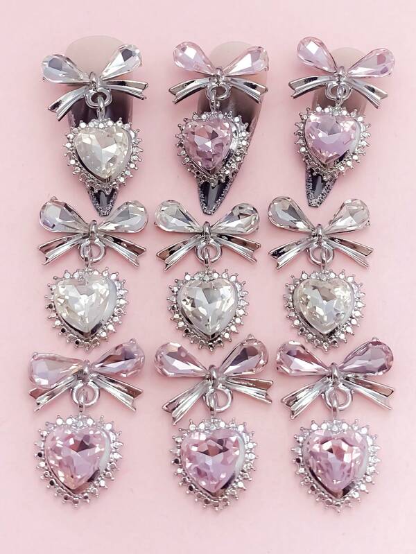 5pcs Bagged Super Shiny Crystal Inlaid Zinc Alloy Bow-Tie Shaped Pendant With Large Rhinestone & Heart-Shaped Pendants, Nail Decoration DIY Nail Charms Nail Gems Nail Supplies