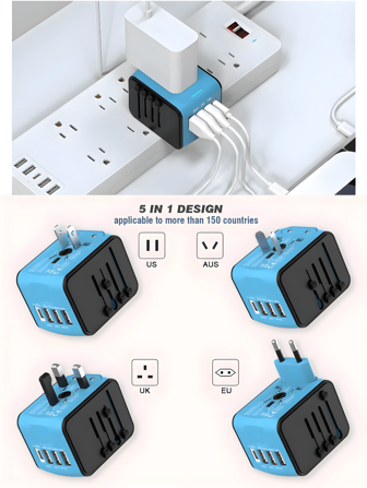 Universal Travel Adapter, International Travel Plugs Worldwide With 3 USB + 1 Type C Ports European Power Adapter, Smart AC Outlet Wall Charger For Us To EU UK AUS Ireland Asia (Type C/G/A/I)-Blue/Black