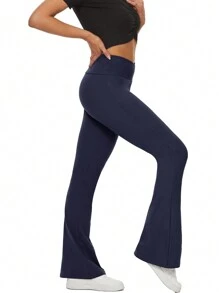 ZOOSIXX 1pc Women's Solid Color Cross Waist Breathable Sports Leggings, Capri Length, Slimming, Suitable For Outdoor Running