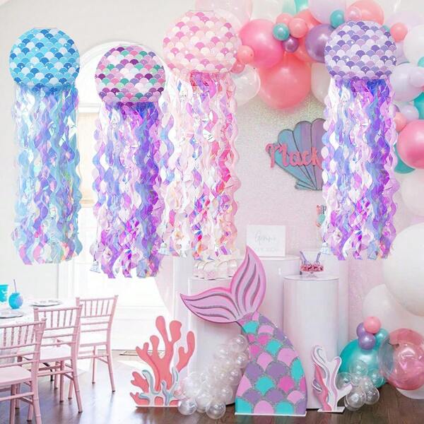 1 peça Lanterna de Papel Água-viva Lanterna Escamas de Sereia Enfeites Pendentes para Tema de Chá de Bebê Sereia Casamentos Festa de Aniversário no Fundo do Mar Suprimentos de Decoração