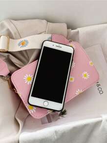 1pc Women's Embroidered Small Square Bag With Fashionable Wide Strap, For Crossbody Or Shoulder Use