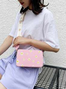 1pc Women's Embroidered Small Square Bag With Fashionable Wide Strap, For Crossbody Or Shoulder Use