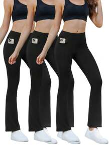 Conjunto de 3 piezas de mallas de campana deportivas para mujeres con bolsillos, pantalones acampanados de yoga de cintura alta para control de barriga, ropa deportiva para mujeres - Negro - Ver 1