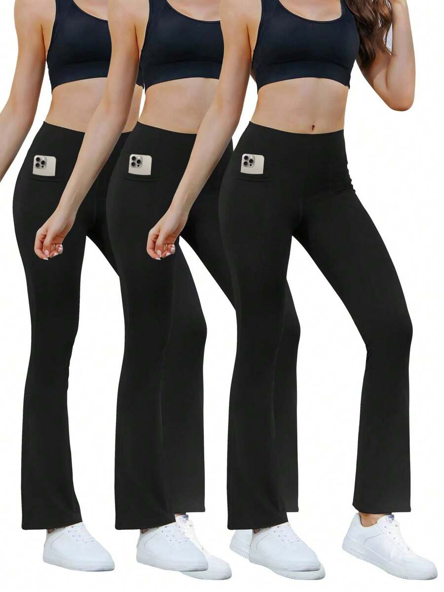 Conjunto de 3 piezas de mallas de campana deportivas para mujeres con bolsillos, pantalones acampanados de yoga de cintura alta para control de barriga, ropa deportiva para mujeres - Negro - Ver 1