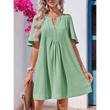 Womens Flutter Short Sleeve Mini Dress Casual V Neck Loose Flowy Summer Dresses - Green - View 4