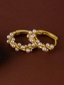 Flyleaf 2pcs 925 Sterling Silver Luxury 18k Gold Plated Shell Faux Pearl Hoop Earrings, Suitable For Daily Wear Premium Jewelry - Gold - View 2