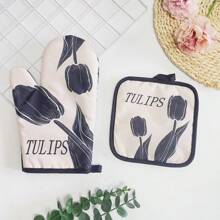 2pcs Black And White Printed Thick Kitchen Oven Gloves And Heat Insulation Mats, Microwave-Oven Baking Mitts, High Temperature Resistant