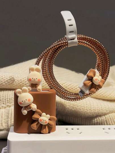 5件3D蝴蝶结兔子充电线保护套套装 兼容Apple 14快速充电器18W/20W充电器保护器