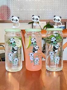 1pc Panda Glass Cup, Highly Attractive Portable Cold-Brew Coffee Cup With Straw, Large Capacity Water Cup For Summer - Multicolor - View 2