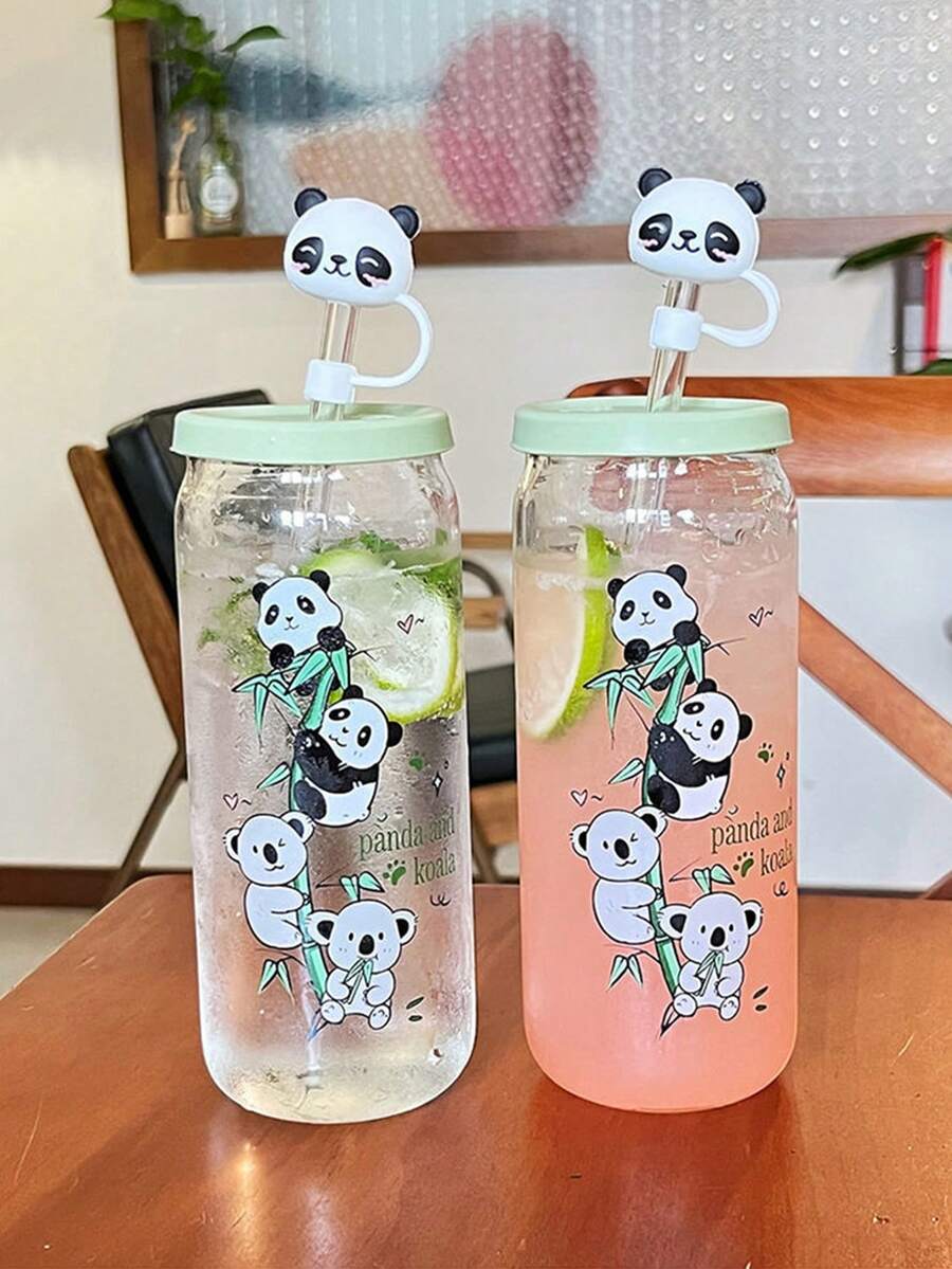 1pc Panda Glass Cup, Highly Attractive Portable Cold-Brew Coffee Cup With Straw, Large Capacity Water Cup For Summer - Multicolor - View 1