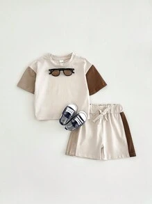 2pcs Baby Boy Casual Colorblock Short Sleeve T-Shirt And Shorts Set, Summer