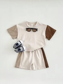 2pcs Baby Boy Casual Colorblock Short Sleeve T-Shirt And Shorts Set, Summer