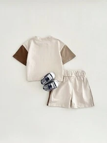 2pcs Baby Boy Casual Colorblock Short Sleeve T-Shirt And Shorts Set, Summer