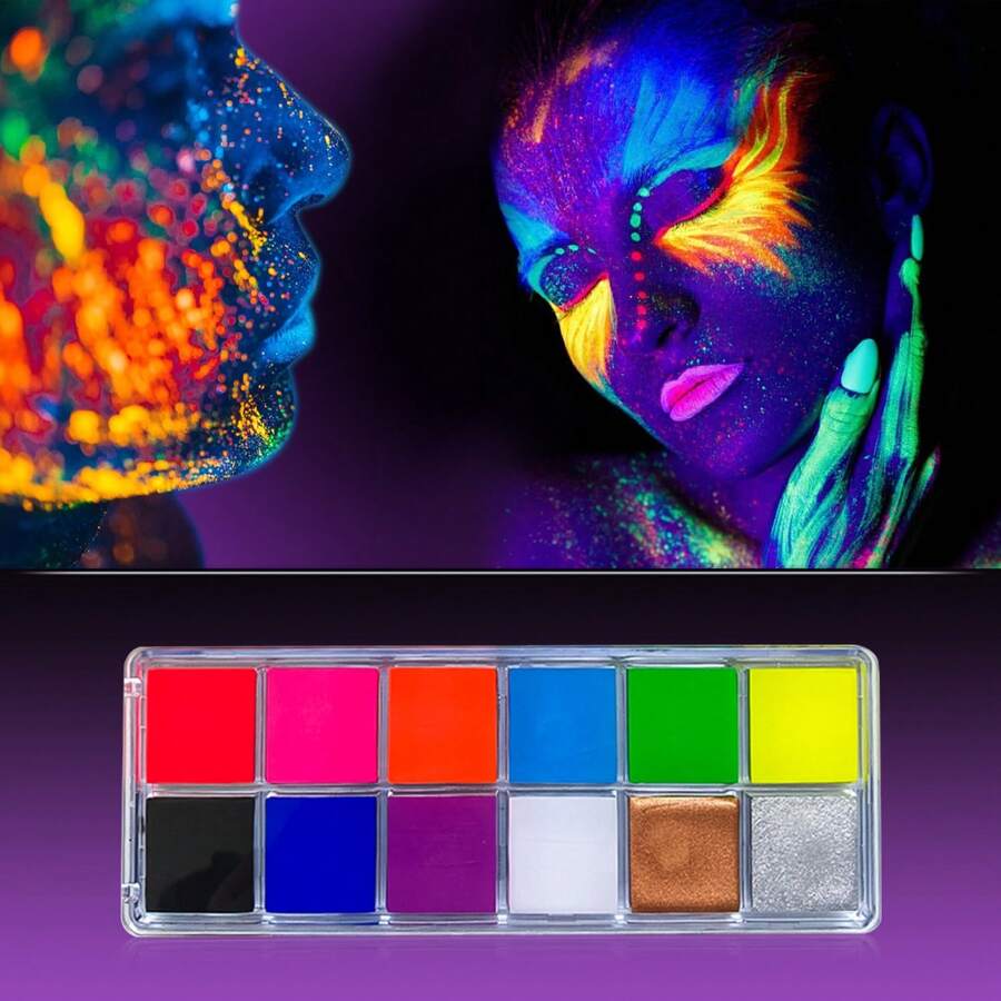 12 Colors UV Glow Neon Face Body Painting Palette, Water Activated