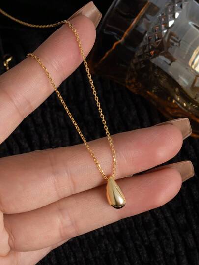 Flyleaf 1pc 925 Sterling Silver 18k Gold Color Teardrop Pendant Necklace, Daily Wear Jewelry For Women