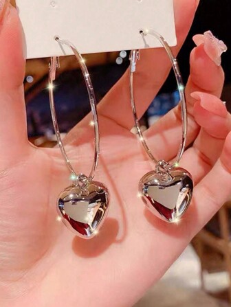 1pair Fashionable Minimalist Exaggerated 3D Large Hoop Earrings And Glossy Heart Pendant Necklace, Suitable For Parties, Dates And Daily Wear Valentines,Mom,Mother,Mother's Day,Gift