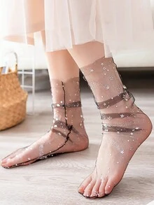 1pair Transparent Black Mesh Thin Glitter Star Ankle Socks, Spring/Summer - Black - View 2