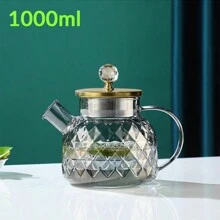 适用于炉灶和微波炉的玻璃茶壶，带可拆卸滤嘴的玻璃硼硅酸盐茶壶，带钢盖的玻璃茶壶，用于散叶茶、水果茶和花茶的茶壶 - 煙灰色-菱形條紋-鋼蓋子帶頂珠 - 查看 5