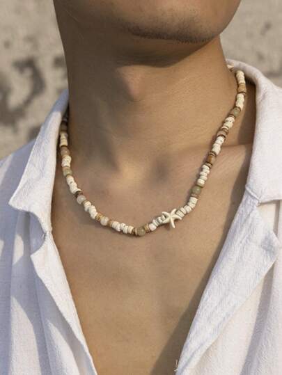 1ชิ้นตะวันตกและเรียบง่ายสไตล์ปลาดาวตกแต่งมะพร้าวสร้อยคอลูกปัด/สไตล์โบฮีเมียนสร้อยคอที่ไม่ซ้ำกัน/ผู้ชายลูกปัดไม้สร้อยคอท่อง